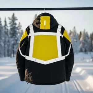 Safety feature focus: Reflective strips and piping visible on the back of the Polaris snowmobile jacket for low-light visibility.