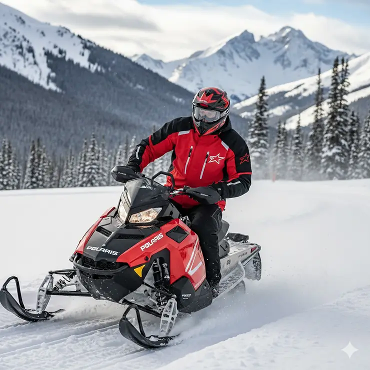 Polaris snowmobile jacket in bright red and black worn by a rider on a snowy mountain trail, highlighting its waterproof TECH54 technology and high visibility. polaris snowmobile jackets