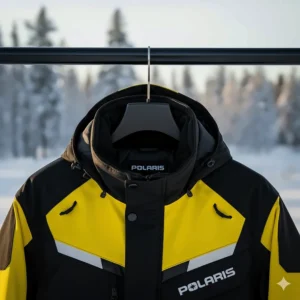 Detail view of the adjustable, removable storm hood and fleece-lined high collar on the Polaris snowmobile jacket for maximum warmth.