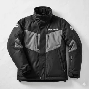 Men's Polaris Switchback snowmobile jacket in black and gray, showcasing its durable construction for trail riding.