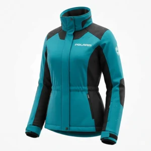 Women's Polaris snowmobile jacket in teal and black, designed for a comfortable and secure fit.