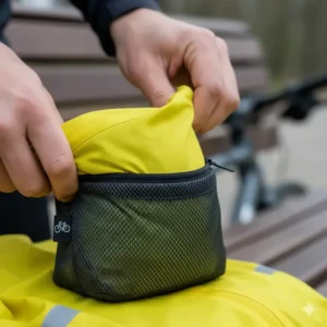 Close-up showing the packable cycling rain jacket completely zipped and stowed inside its small, integrated storage pouch, emphasizing its compact size.