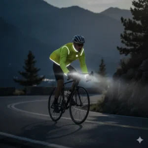 Illustration of a men's cycling wind jacket in low light, focusing on the reflective trim for enhanced safety and visibility on the road.