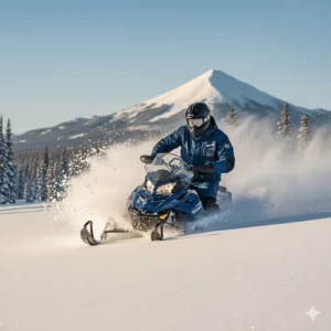 A snowmobiler wearing the KLIM snowmobile jacket while riding through deep powder.