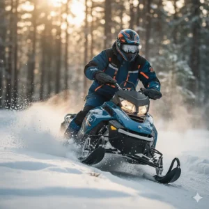 A professional snowmobile rider wearing the insulated jacket while actively riding a sled across a snowy trail, demonstrating range of motion.