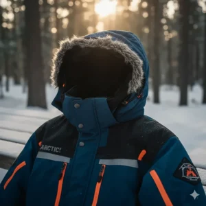 The tall, fleece-lined collar and removable, adjustable hood of the premium snowmobile jacket secured tightly for maximum wind protection.