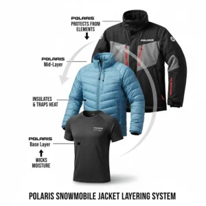 Instructional graphic showing the optimal snowmobile jacket layering system, including Polaris base and mid-layers for warmth.