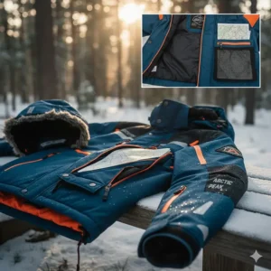 A view of the many functional pockets on the snowmobile jacket, including a large chest pocket suitable for a trail map and a secure interior pocket.