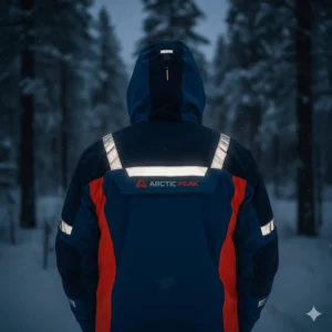 A dark image highlighting the strategic placement of the high-visibility reflective strips on the back and shoulders of the snowmobile jacket for improved safety.