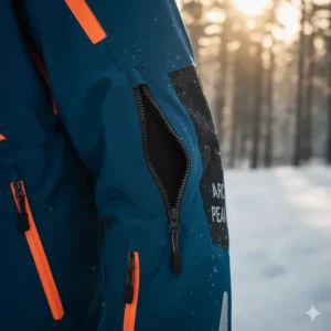 Close-up shot of the zippered underarm vents on the snowmobile jacket, showing how the mesh lining allows for effective temperature regulation.