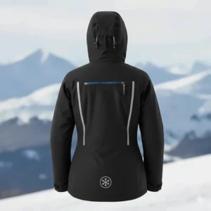 Back view of the black women's snowmobile jacket, showing a zippered vent and high-visibility logo.