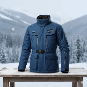Blue touring snowmobile jacket designed for long-distance comfort, featuring an adjustable waist and large cargo pockets.