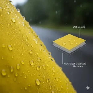 Diagram illustrating the waterproof and breathable membrane of the cycling rain jacket fabric, showing rain droplets beading up and not penetrating the material.