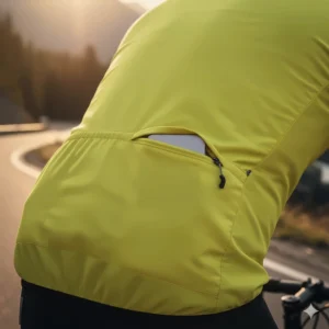 Detail showing the secure zippered back pocket on the wind jacket, ideal for storing essentials while riding.