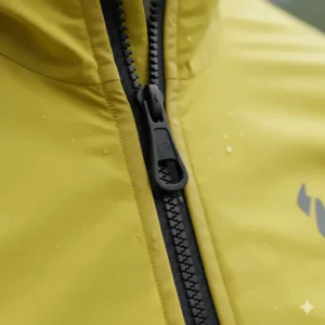 Close-up of the durable, waterproof zipper and sealed seams on a high-performance cycling wind jacket.
