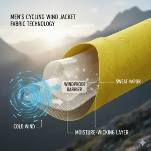 Diagram illustrating the windproof membrane and breathable fabric technology used in the men's cycling wind jacket to block airflow.