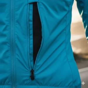 The full-length zipper with an internal storm flap on the front of the women's wind jacket for superior wind protection.