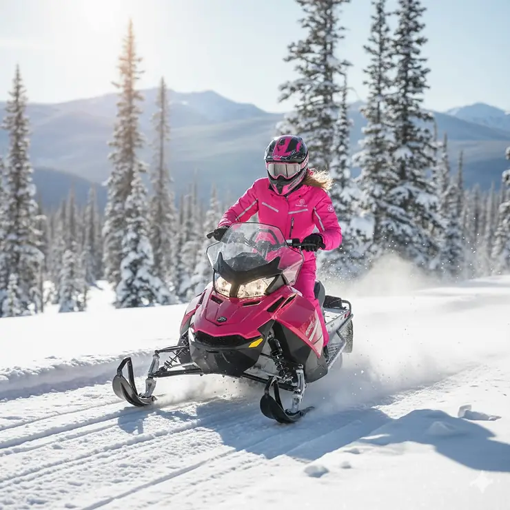 Woman wearing a bright pink snowmobile jacket while riding a snowmobile through a snowy trail.