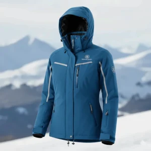 Durable women's snowmobile jacket in arctic blue with reflective trim and detachable hood, size small.
