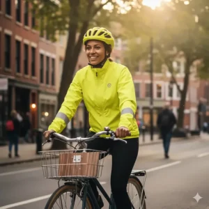 A different style of women's cycling wind jacket in a high-visibility yellow, perfect for urban commuting.