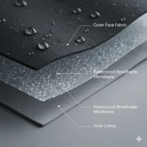A technical diagram showing the outer face fabric, waterproof membrane, and inner lining of a high-quality hiking hard shell.