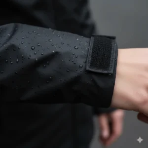 Detail shot of the adjustable velcro cuffs on the sleeve of a women's black rain jacket for wind protection.