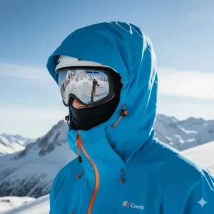 Adjustable hood of the ski jacket, designed to be compatible with a ski helmet for secure coverage in high winds.