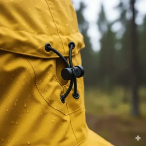Close-up illustration of the adjustable drawstring toggles on a women's rain jacket hood.