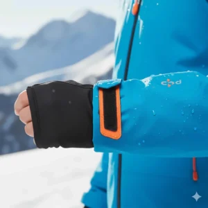 Adjustable hook-and-loop cuffs with thumbhole wrist gaiters to seal out snow and cold on the performance snow jacket.
