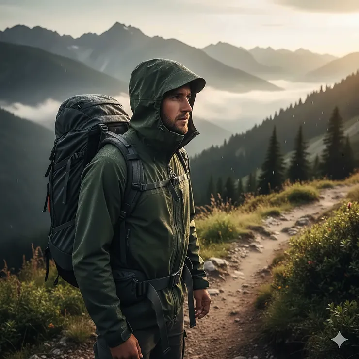 A hiker wearing a durable and affordable hard shell hiking jacket while trekking through a misty mountain range.