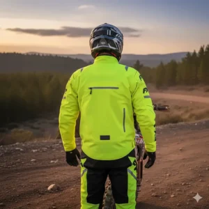 Back view of the dirt bike jacket, highlighting a rear pocket designed to hold a hydration pack or large items.