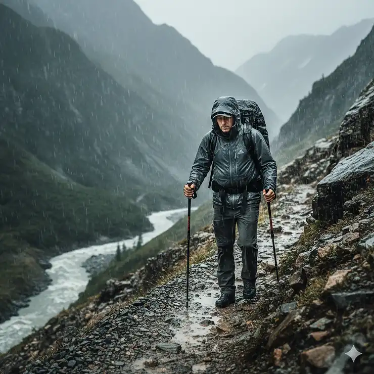 A hiker wearing a premium waterproof hard shell jacket while trekking through a rainy mountain pass. best hard shell jacket for hiking