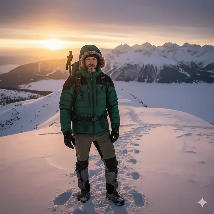 A hiker wearing the best insulated hiking jacket for winter while trekking through a snowy mountain trail. best insulated hiking jacket winter