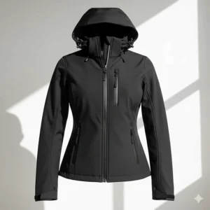 A black soft shell jacket for women, featuring an adjustable, attached hood.