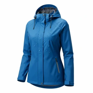 A stylish blue lightweight rain jacket with a hood displayed against a white background.