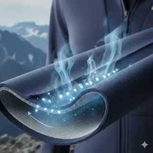 Illustration showing moisture vapor escaping through the fabric of a soft shell jacket during a high-output hike.