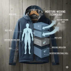Diagram showing how moisture escapes from a breathable insulated hiking jacket.