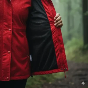 A close-up showing the soft, breathable mesh lining inside the lightweight plus size raincoat.