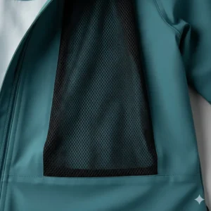 Illustration of the interior mesh lining and ventilation vents on a women's lightweight rain jacket.