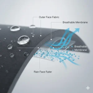 Illustration showing how sweat vapor escapes while rain droplets are blocked by a hard shell jacket membrane.