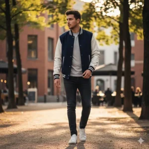 Styling a baseball jacket with dark jeans and a t-shirt for a comfortable and casual everyday look.