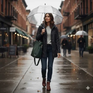 A woman styling a women's black rain jacket with jeans and boots for a functional everyday look.