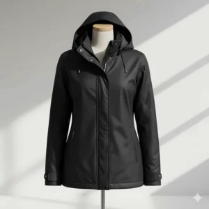 Full-length front view of a classic women's black rain jacket featuring a zippered front and side pockets.