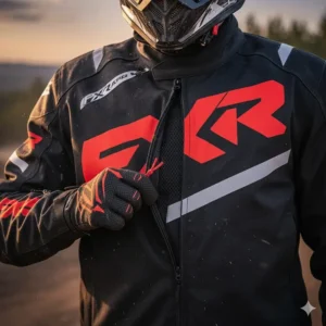 Detail shot of the zippered ventilation panels on the chest and back of the dirt bike jacket for maximum airflow in hot weather.