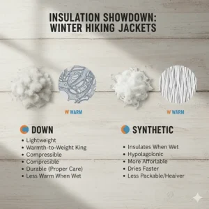 Comparison chart of down and synthetic insulation for winter hiking jackets.