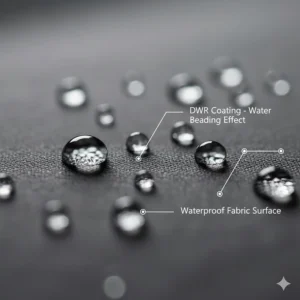 Close-up of water droplets beading on the surface of a DWR-treated hard shell hiking jacket.