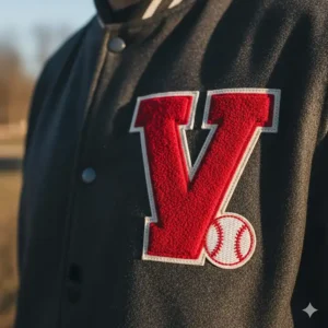 Detailed view of custom embroidery on the chest of a personalized baseball jacket.