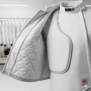 Inside view of a competitive fencing jacket, illustrating the comfortable interior liner and integrated chest padding for safety.