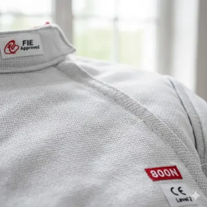 Close-up of the puncture-resistant material and stitching on a 800N fencing jacket, highlighting Kevlar or Dyneema construction.
