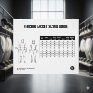 A detailed size chart graphic for selecting the correct fencing jacket based on chest, sleeve, and height measurements.